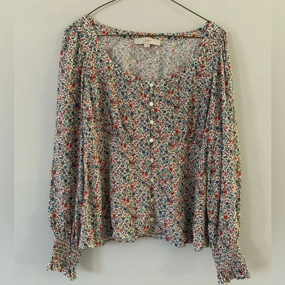 LOFT Tops - Loft Floral Funky Multi Color Blouse Long Sleeve Top Bell Bottom Sleeves Size S